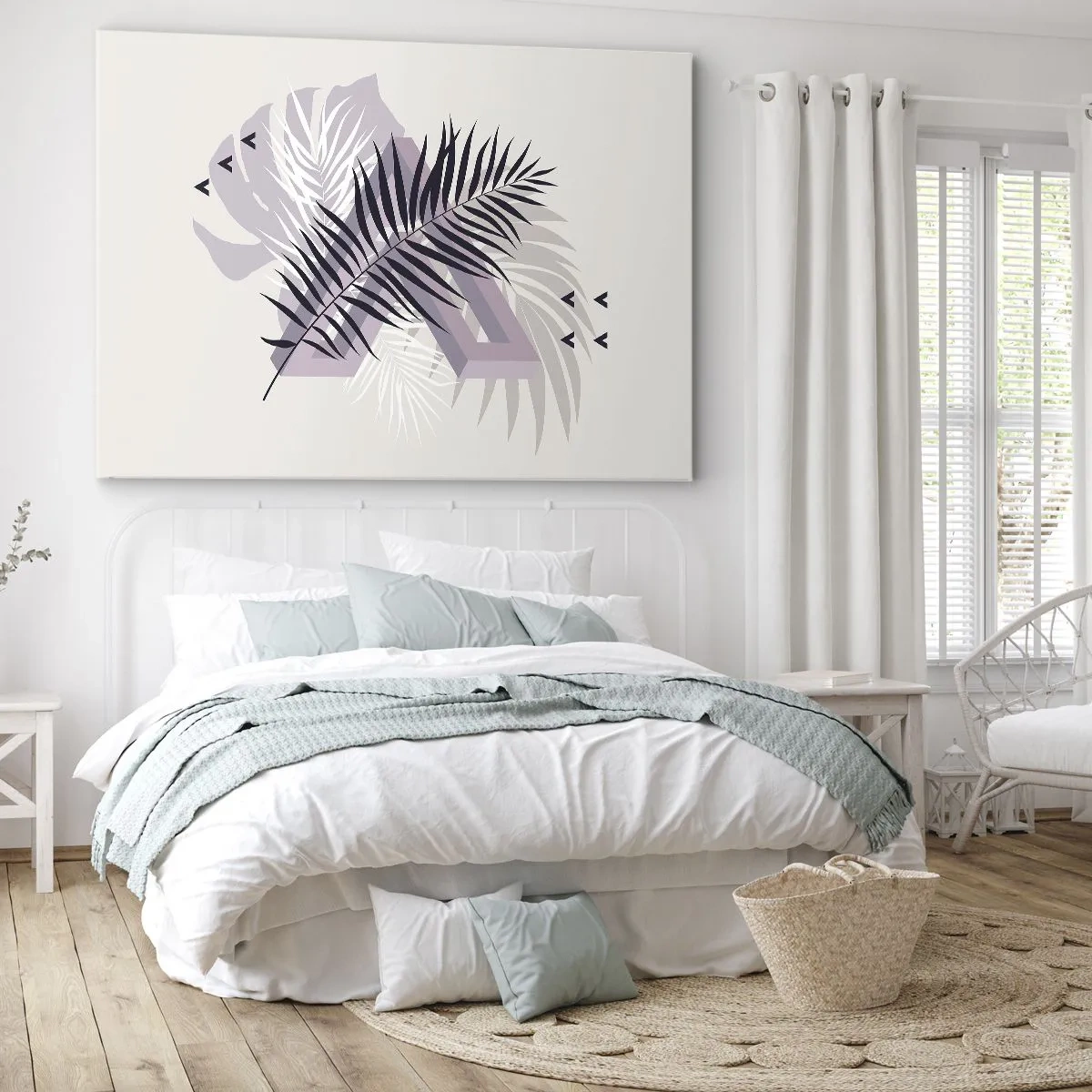 Vászonkép - Minimalista kompozíció levelekkel és geometrikus formákkal - 70x50cm - Az árnyék árnyéka - Modern fali dekoráció nappalihoz és hálószobához ARTTOR