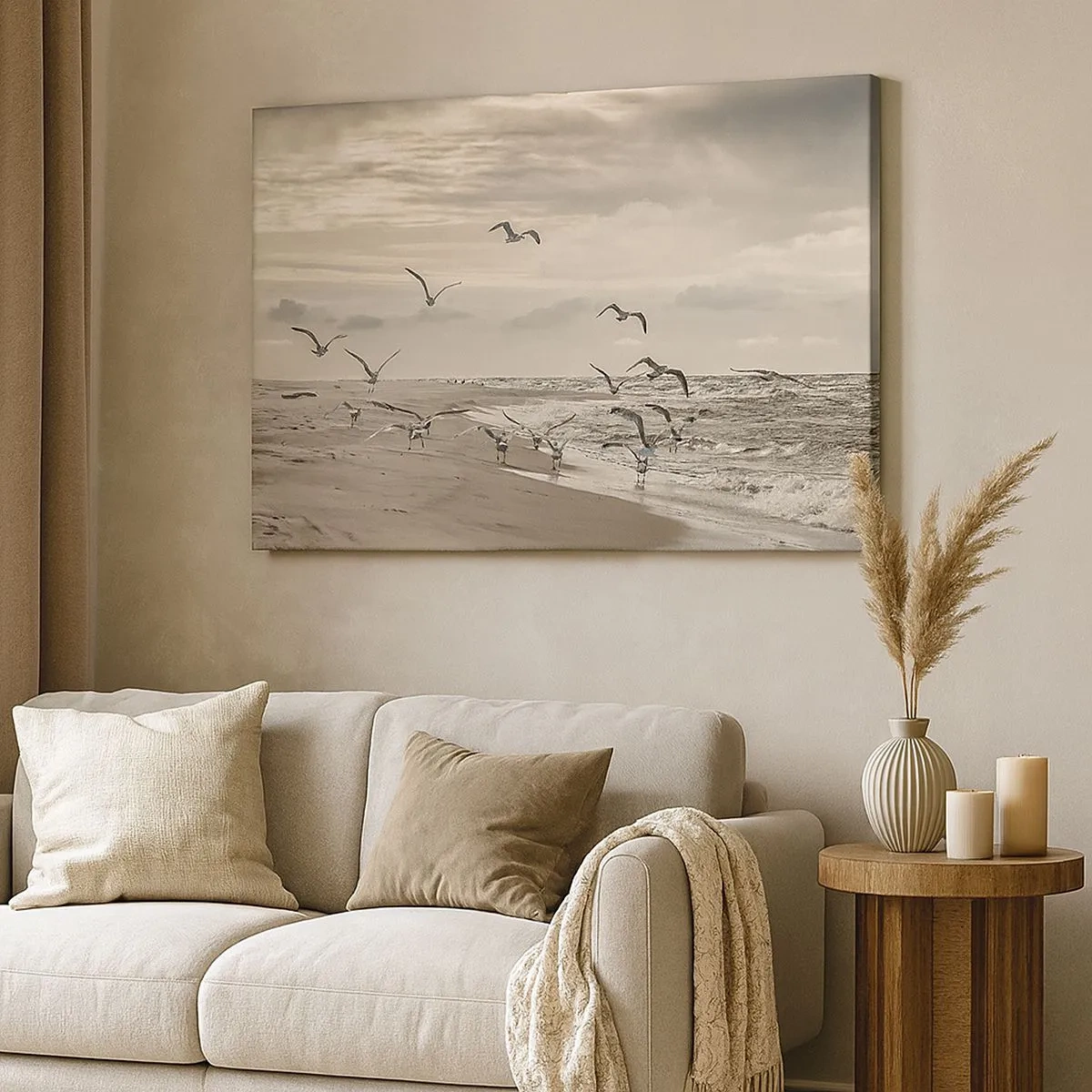 Vászonkép - Egy sirály repülés közben egy tengerparti táj felett - 70x50cm - A tenger hangja, a madarak éneke - Modern fali dekoráció nappalihoz és hálószobához ARTTOR