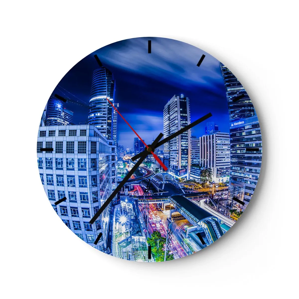 Falióra, Óra - Modern felhőkarcolók kivilágítva éjszaka - 30x30cm - Az éjszakai város ritmusai - Modern fali dekoráció nappalihoz, konyhához és hálószobához ARTTOR
