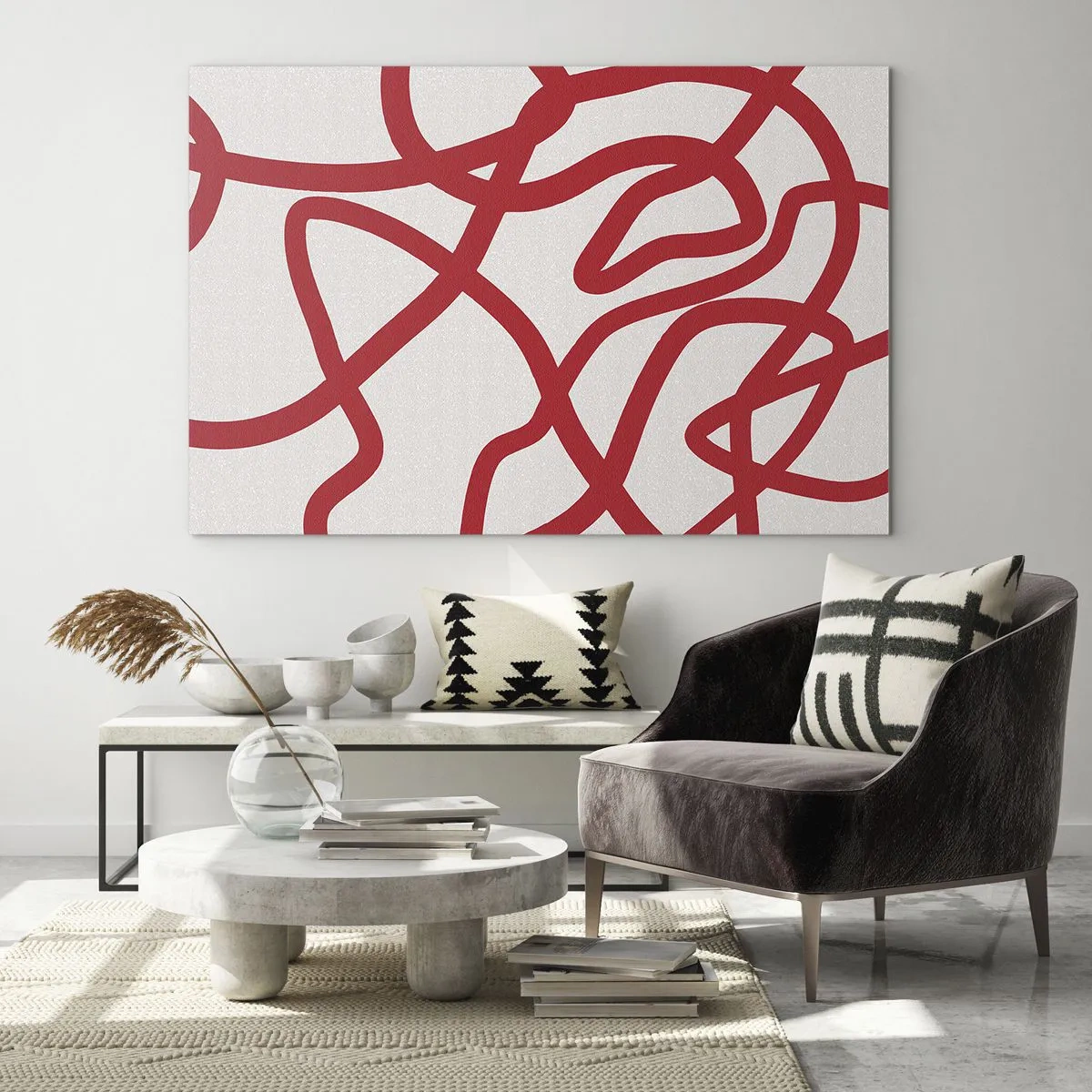 Üveg kép - Dinamikusan kavarogó piros vonalak fehér háttér előtt - 70x50cm - Piros a fehéren - Modern fali dekoráció nappalihoz és hálószobához ARTTOR