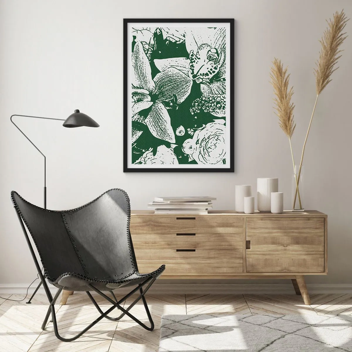 Poszter fehér keretben - Virágok és levelek botanikai illusztrációja kontrasztos színekben - 50x70cm - Csokor - a zöld világa - Modern fali dekoráció nappalihoz és hálószobához ARTTOR