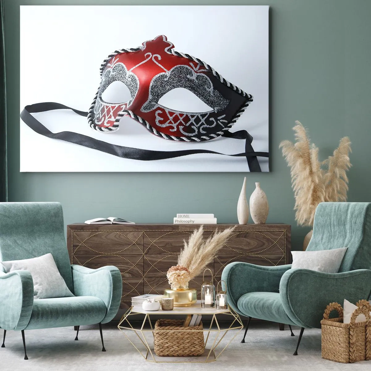 Vászonkép - Piros karneváli maszk világos háttérrel - 70x50cm - Meghívó a bálba - Modern fali dekoráció nappalihoz és hálószobához ARTTOR