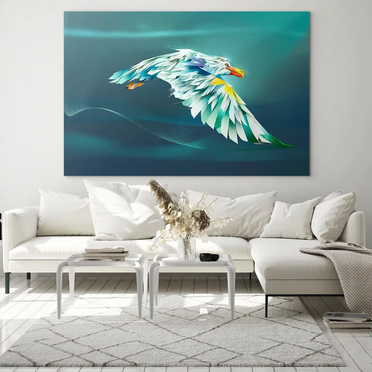 Üveg kép - Egy sas absztrakt képe kék és fehér árnyalatokban, hullámok hátterében. - 70x50cm - A repülésed ereje mint a sasé - Modern fali dekoráció nappalihoz és hálószobához ARTTOR