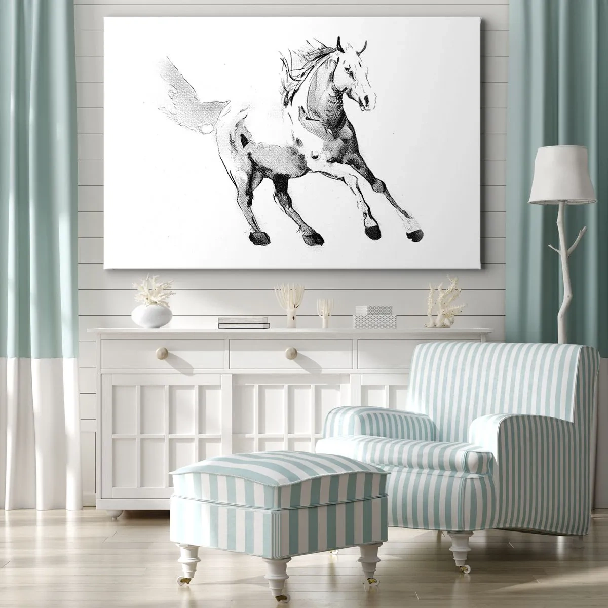 Vászonkép - Vázlat egy vágtató lóról fekete-fehér árnyalatokban - 70x50cm - Megszelídíthetetlen lélek - Modern fali dekoráció nappalihoz és hálószobához ARTTOR