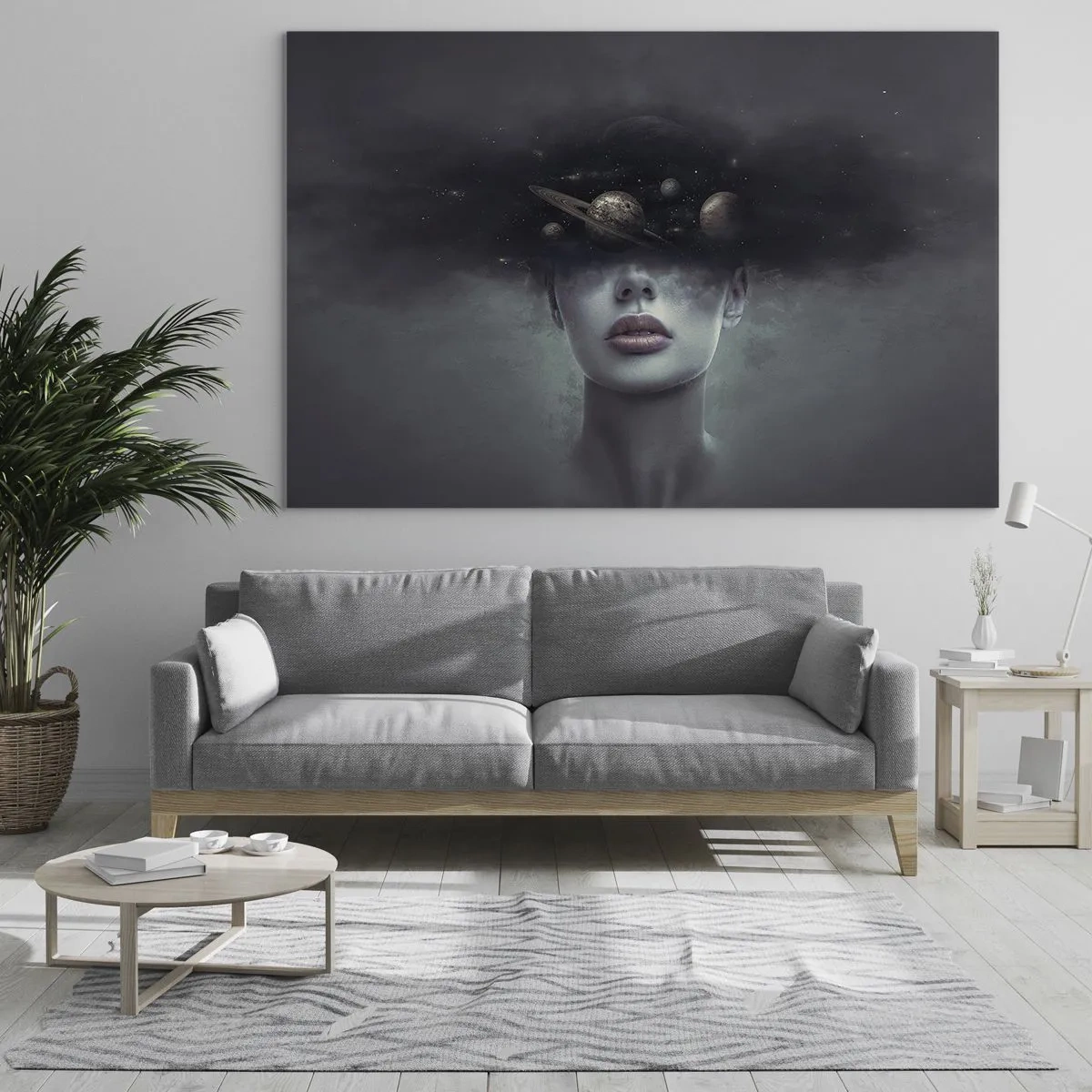 Üveg kép - Egy nő, akinek bolygók a feje egy szürreális kompozícióban - 70x50cm - És a bolygók megvadulnak... - Modern fali dekoráció nappalihoz és hálószobához ARTTOR