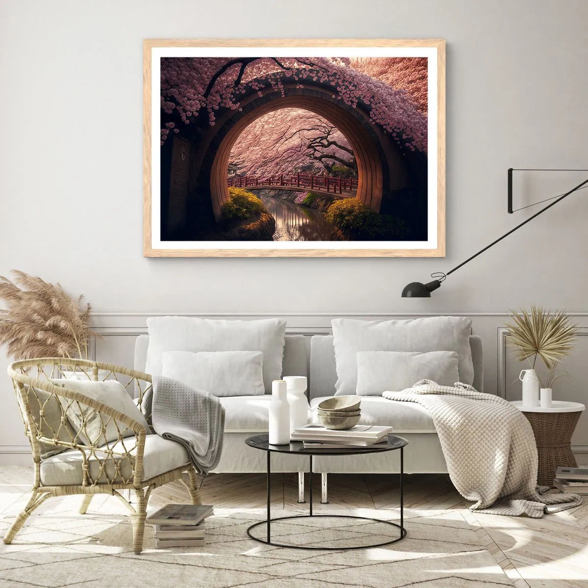 Poszter világos tölgy keretben - Japán tavasz - 100x70 cm