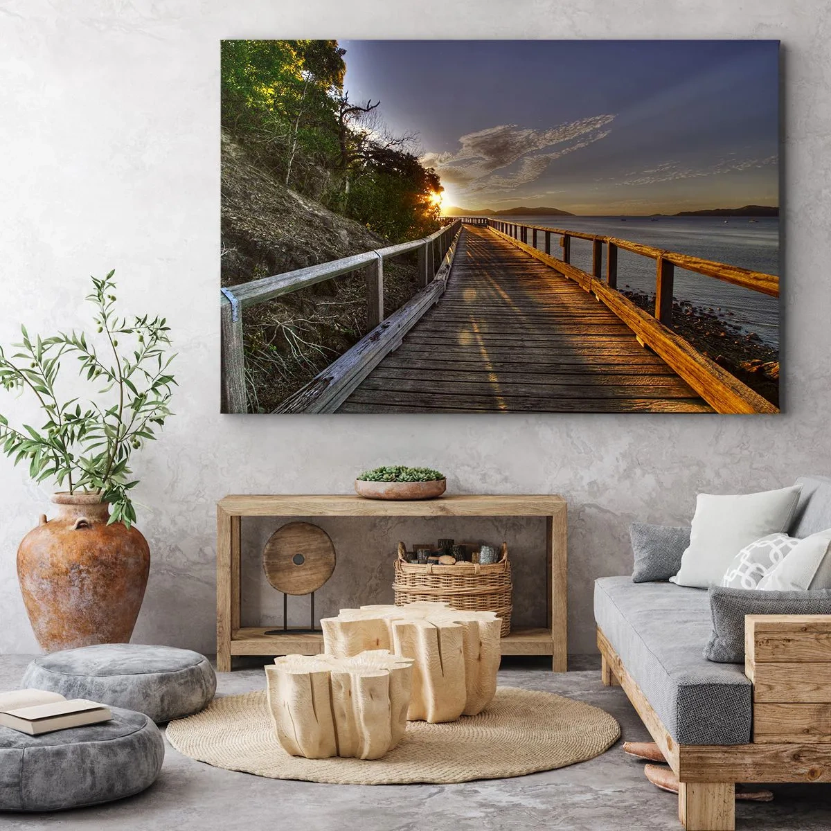 Vászonkép - Egy fából készült móló vezet a víz feletti naplemente felé - 70x50cm - Menj, menj a nap felé - Modern fali dekoráció nappalihoz és hálószobához ARTTOR