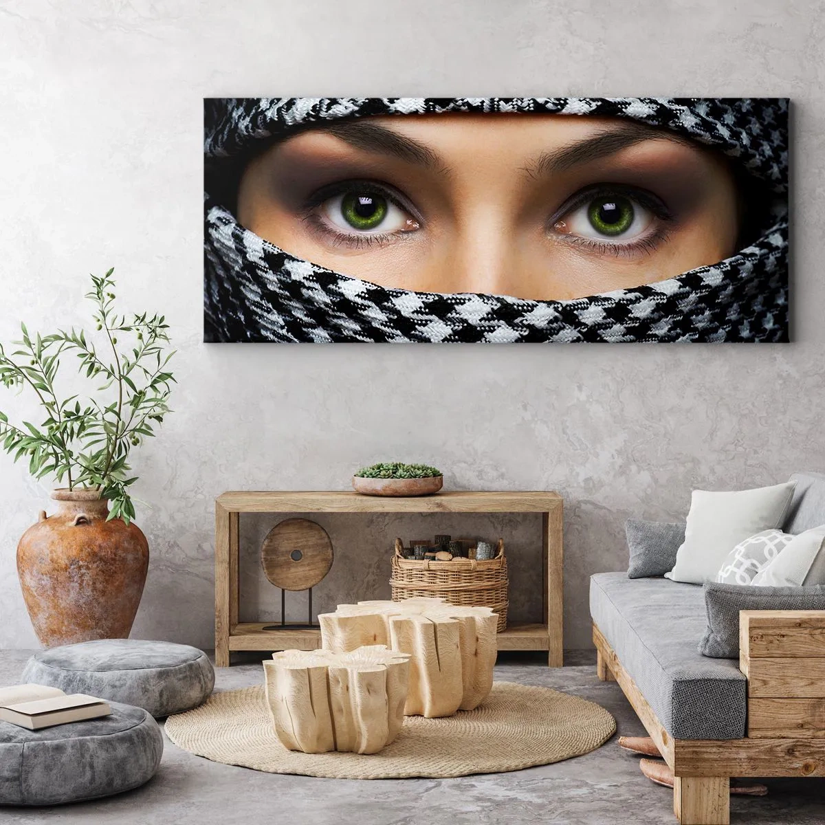Vászonkép - Egy fátyolos zöld szemű szépség portréja - 160x50 cm