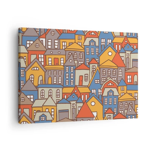 Vászonkép - Színes házak grafikus stílusban, világos háttér előtt - 70x50cm - A ház mögött van a ház - Modern fali dekoráció nappalihoz és hálószobához ARTTOR