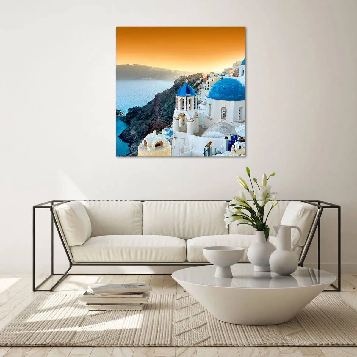Üveg kép - Santorini – rásimulva a sziklákra - 50x50 cm