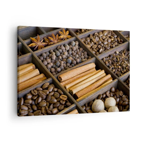 Vászonkép - Fűszerek és kávé fa rekeszekben - 70x50cm - Az aromák kincsesbányája - Modern fali dekoráció nappalihoz és hálószobához ARTTOR
