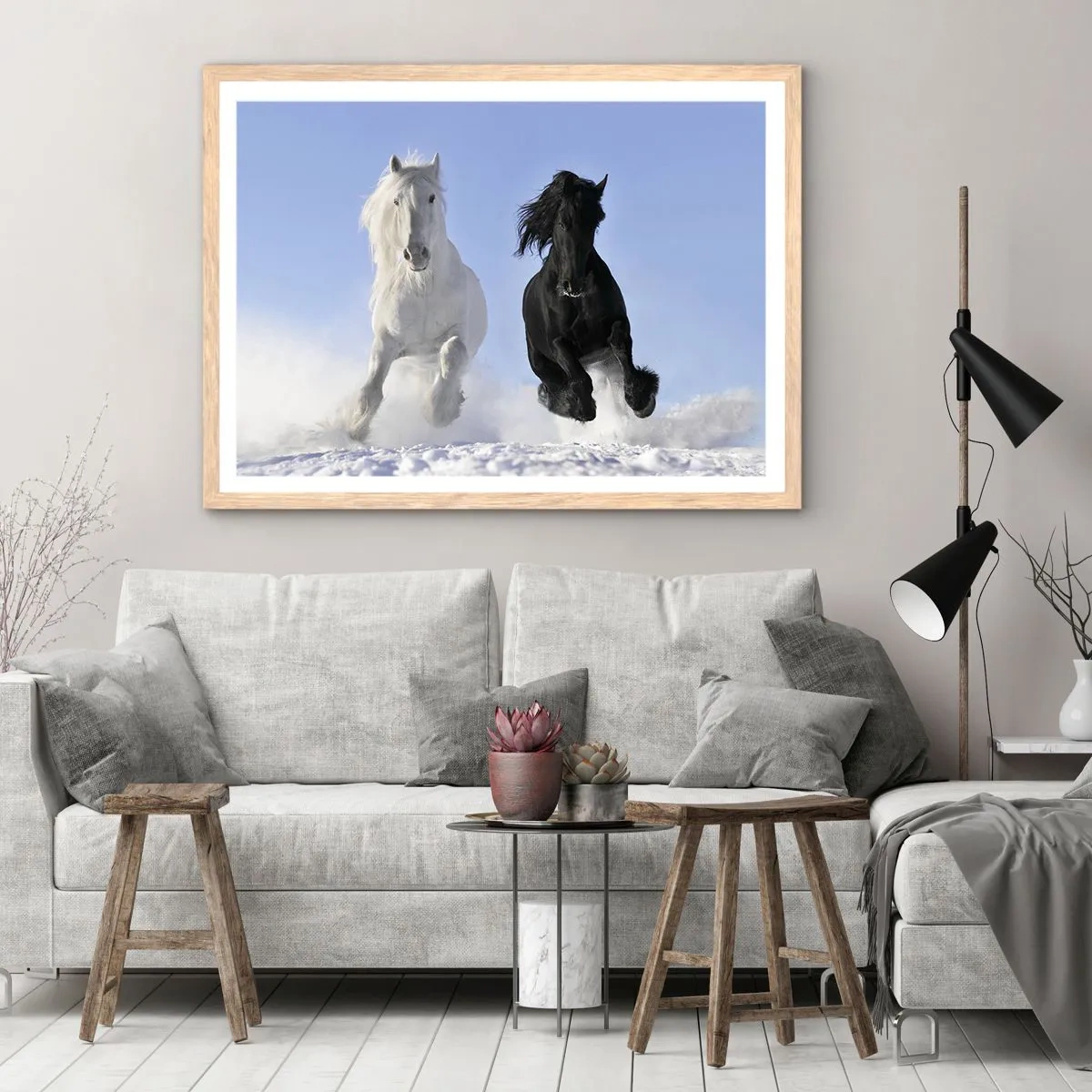 Poszter világos tölgy keretben - Fekete-fehér galopp - 91x61 cm