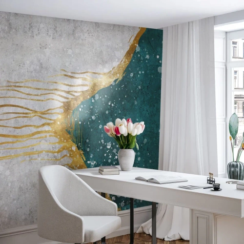 Fotótapéta Standard Eco - Türkiz és arany absztrakt áramlása világos háttér előtt - 100x70cm - Aranyló dagály - Modern fali dekoráció nappalihoz és hálószobához ARTTOR