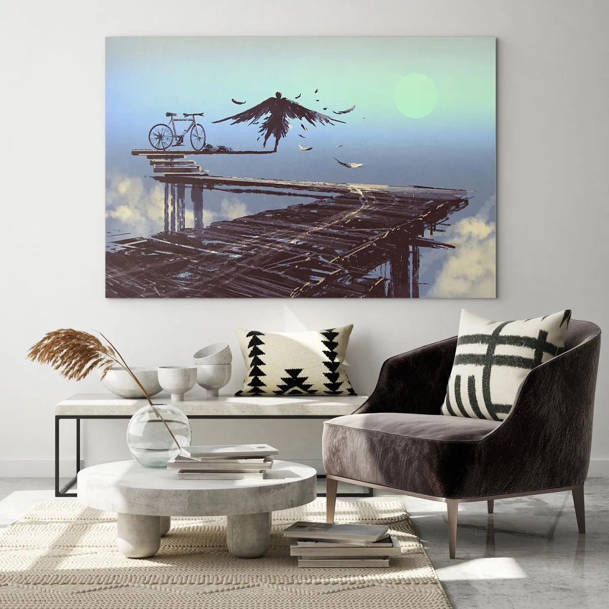 Üveg kép - Egy alak biciklivel egy fahídon a felhők felett - 70x50cm - Ikarusz örökké él - Modern fali dekoráció nappalihoz és hálószobához ARTTOR