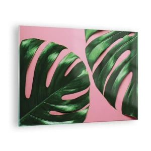Üveg kép - Zöld monstera levelek rózsaszín háttéren - 70x50cm - Zöld rendez-vous - Modern fali dekoráció nappalihoz és hálószobához ARTTOR