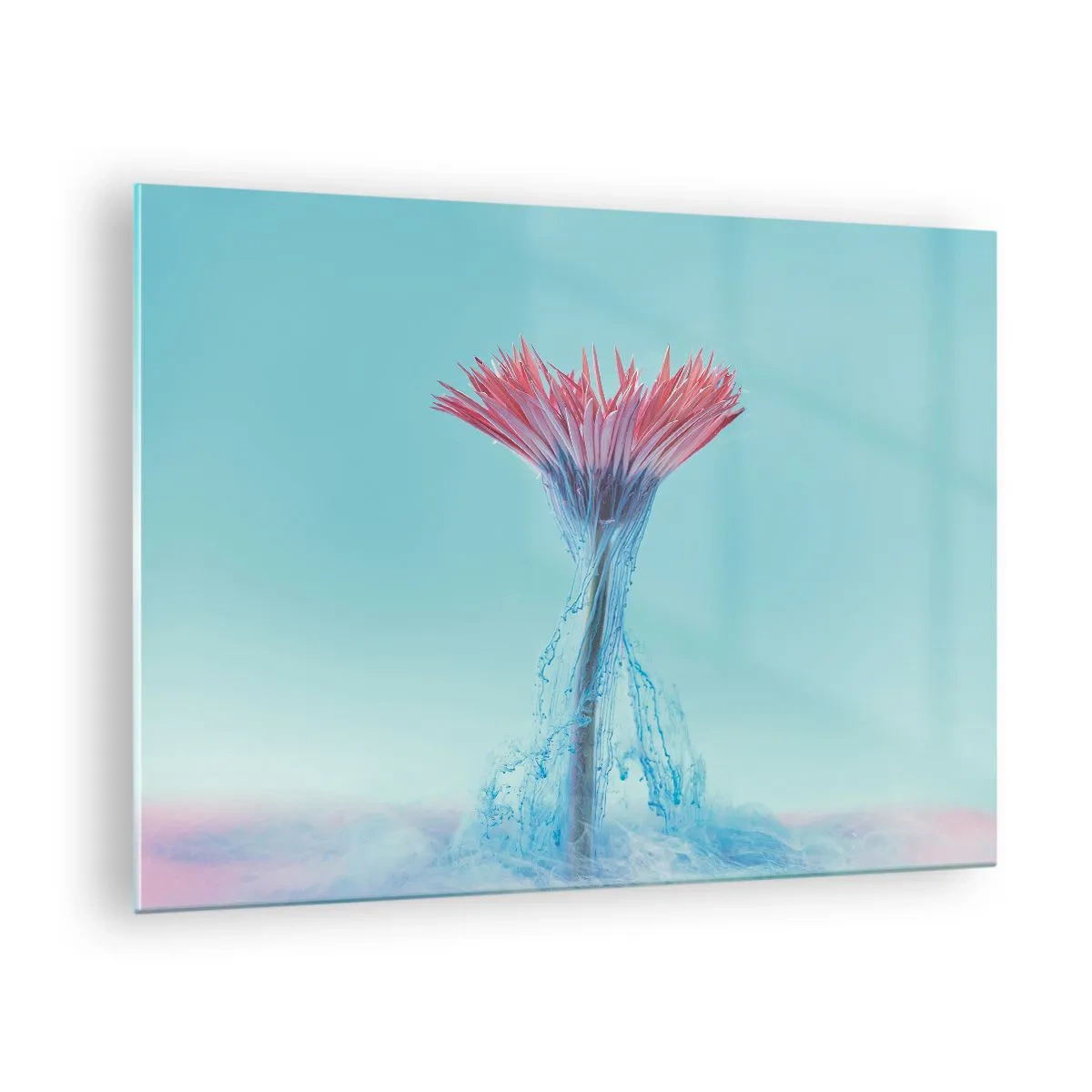 Üveg kép - Egy fantáziadús virág, kék és rózsaszín ködbe merülve - 70x50cm - Élénkítő ölelésben - Modern fali dekoráció nappalihoz és hálószobához ARTTOR