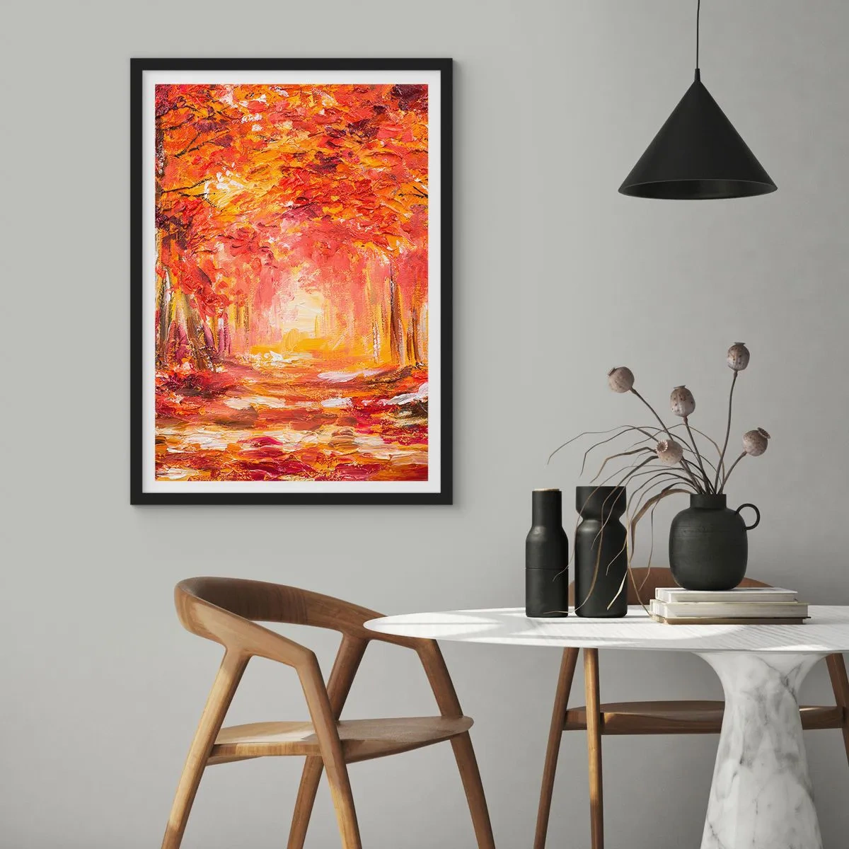 Poszter fehér keretben - Egy festői sugárút őszi színekben - 50x70cm - Rézerdő - Modern fali dekoráció nappalihoz és hálószobához ARTTOR