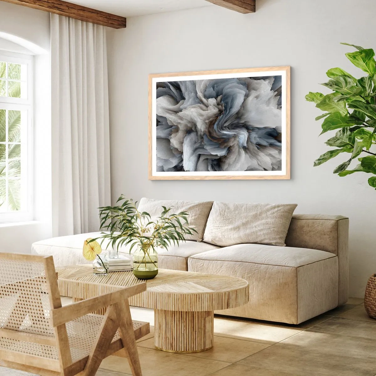 Poszter világos tölgy keretben - Kő és virág - 70x50 cm