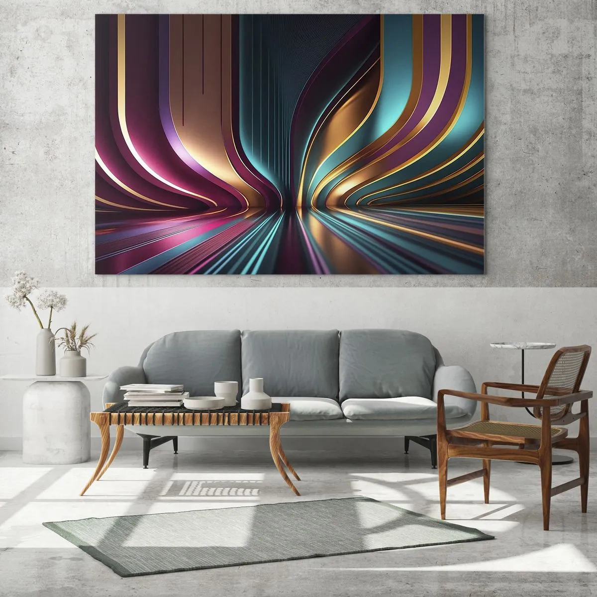 Üveg kép - Színes fényvonalak, amelyek futurisztikus formákat hoznak létre - 70x50cm - A fény építészete - Modern fali dekoráció nappalihoz és hálószobához ARTTOR