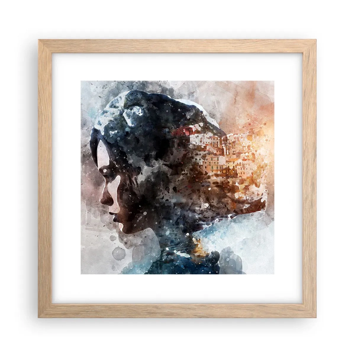 Poszter világos tölgy keretben - Történet egy lányról, várossal a háttérben - 30x30 cm