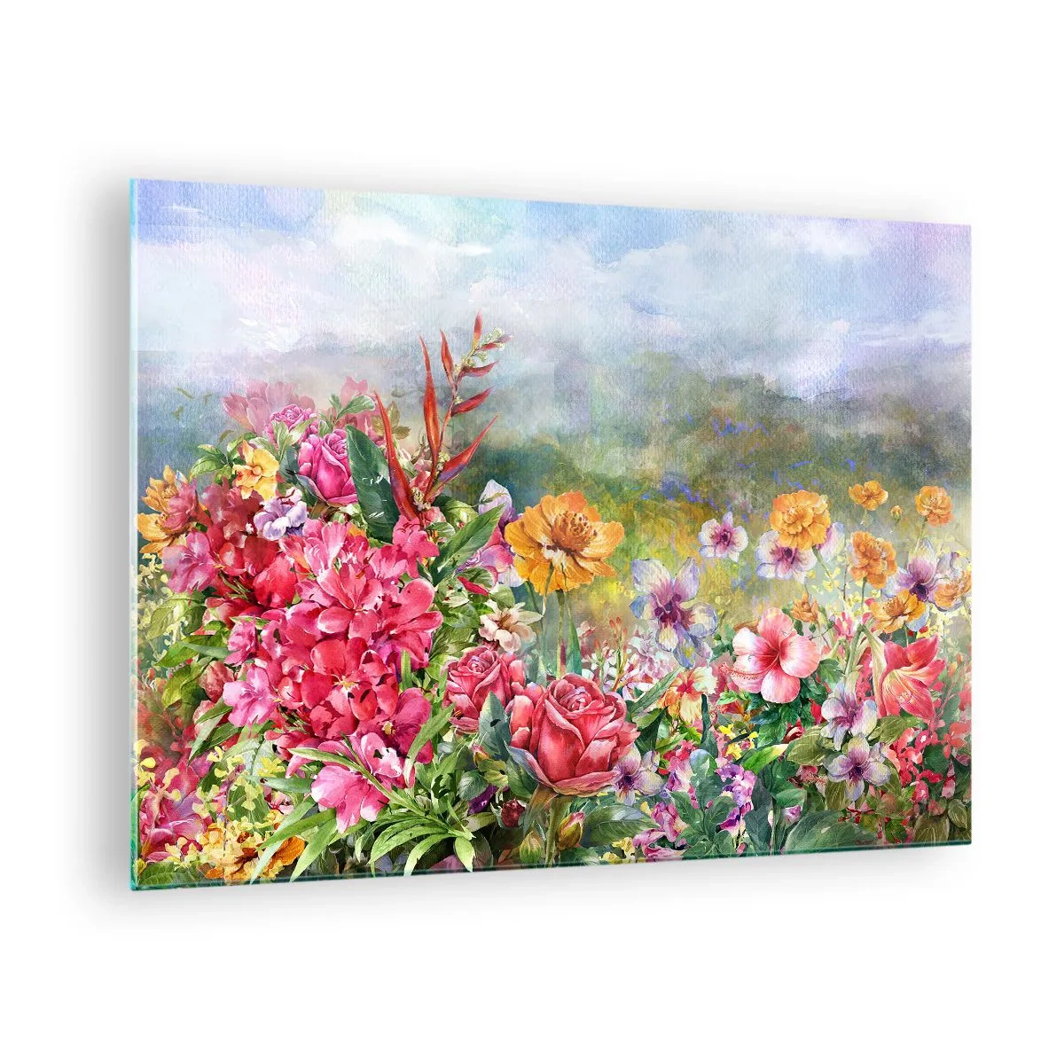Üveg kép - Egy csokor színes virág festői táj előtt - 70x50cm - A kert, amelyik megőrült - Modern fali dekoráció nappalihoz és hálószobához ARTTOR