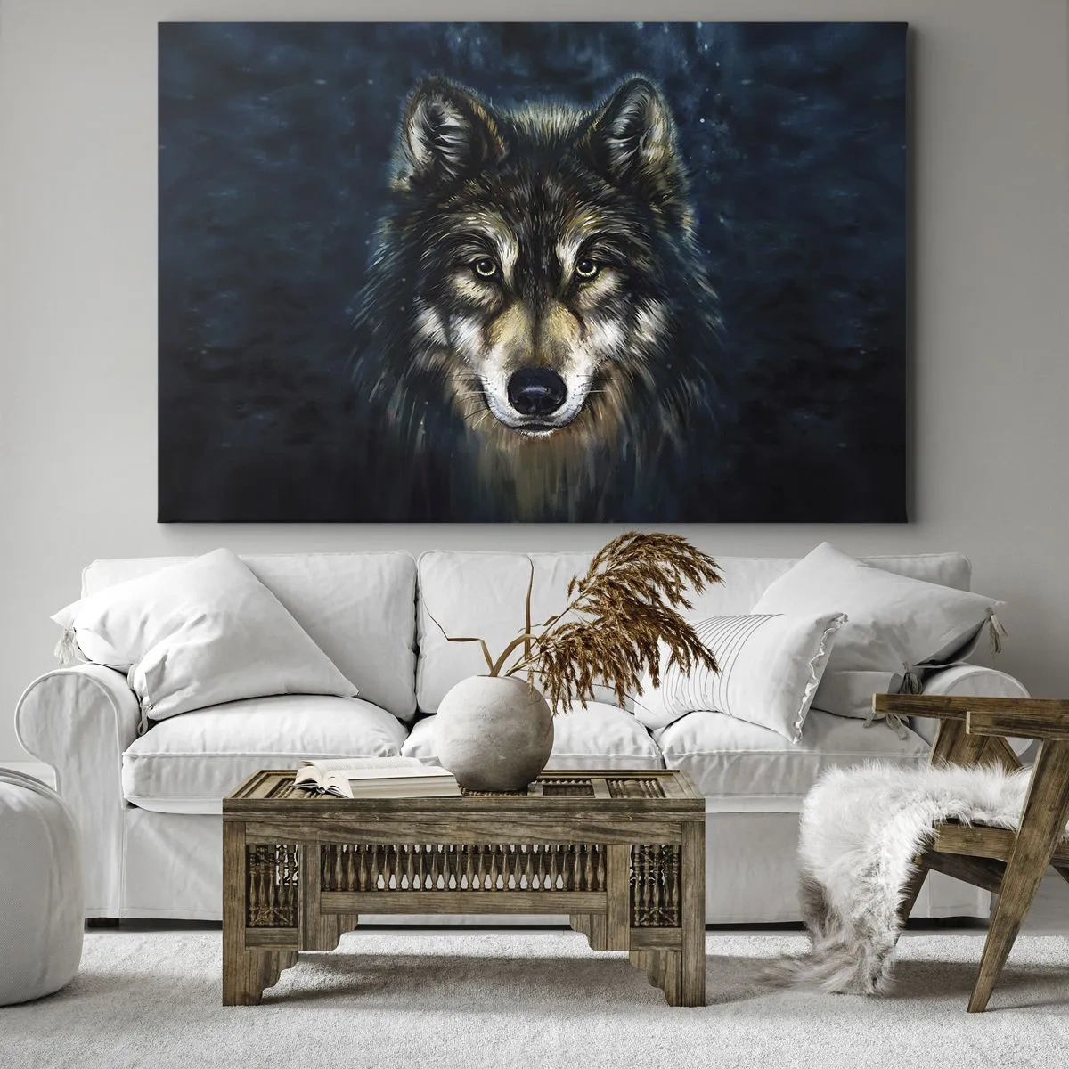 Vászonkép - Farkas portréja sötétkék háttérrel - 70x50cm - Alfa? És az omega - Modern fali dekoráció nappalihoz és hálószobához ARTTOR