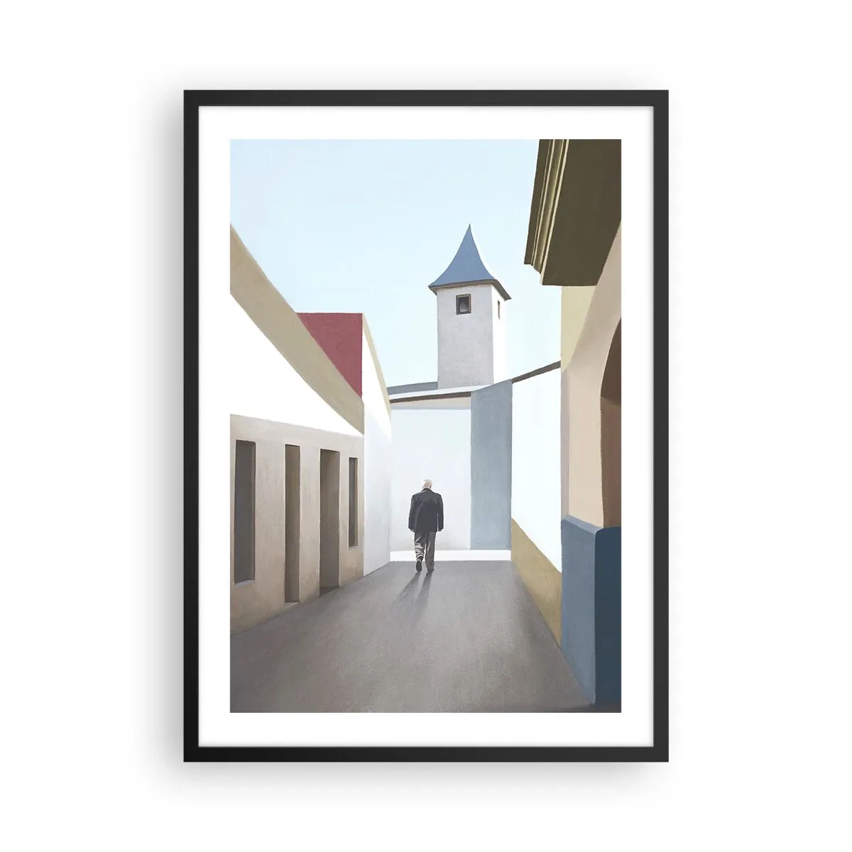 Poszter fehér keretben - Egy minimalista utca egy magányos járókelővel - 50x70cm - Napfényes séta - Modern fali dekoráció nappalihoz és hálószobához ARTTOR