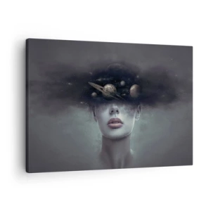 Vászonkép - Egy női arc, háttérben bolygó- és űrmotívummal - 70x50cm - És a bolygók megvadulnak... - Modern fali dekoráció nappalihoz és hálószobához ARTTOR