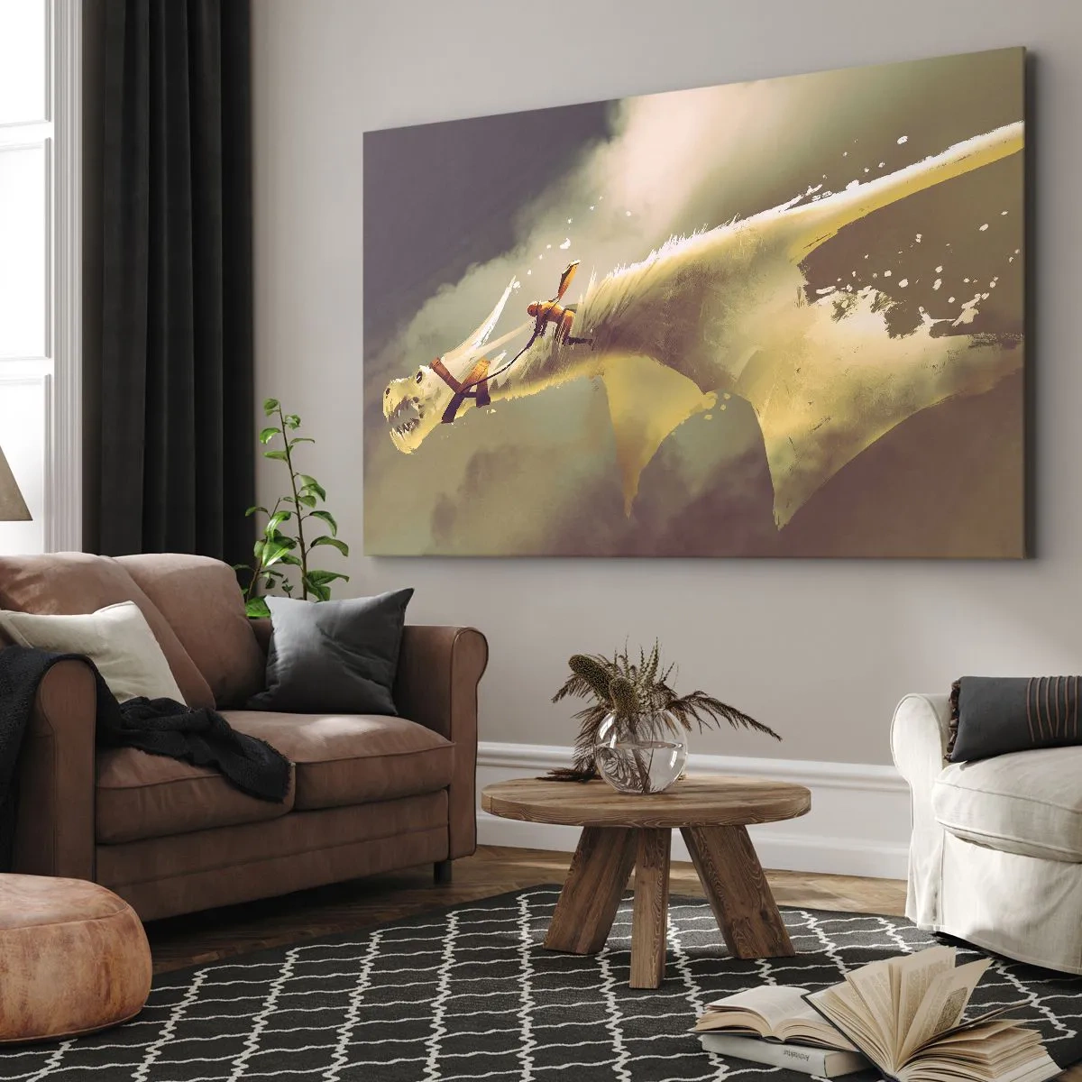 Vászonkép - Sárkánylovas illusztrációja fantasy felhőképben - 70x50cm - Segítségre a világnak - Modern fali dekoráció nappalihoz és hálószobához ARTTOR