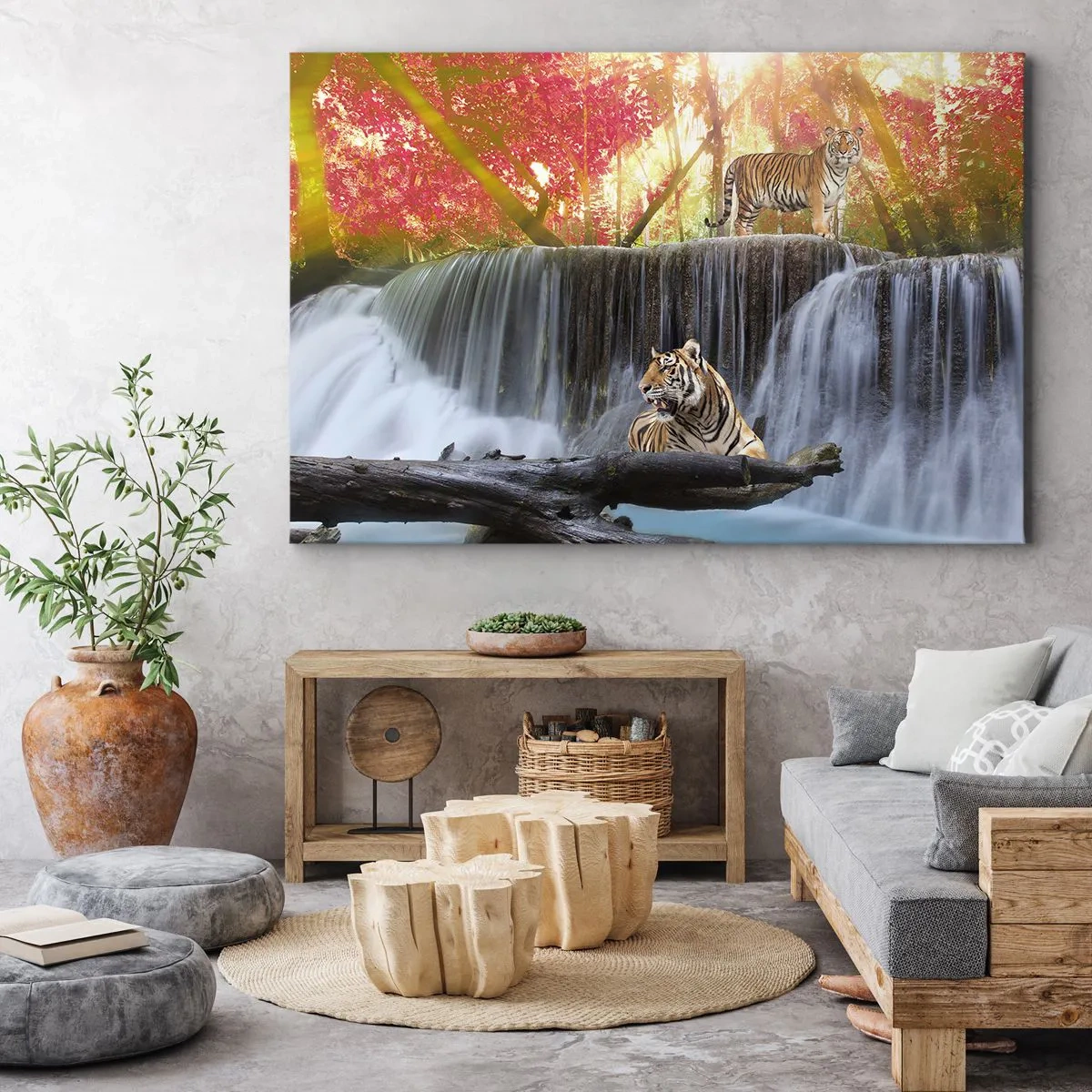 Vászonkép - Tigrisek egy vízesésnél az őszi erdőben - 70x50cm - Szürreális táj    - Modern fali dekoráció nappalihoz és hálószobához ARTTOR