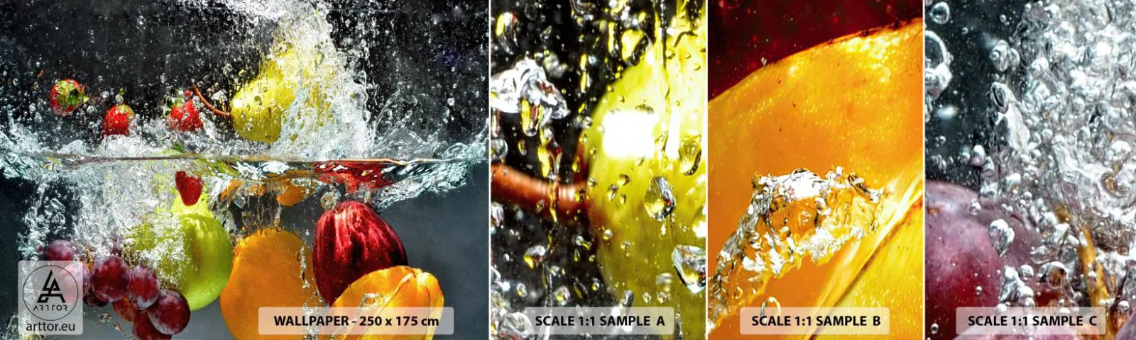 Fotótapéta Minta Öntapadós Deluxe Sticker - Gyümölcsös frissítés - Gyümölcs, Víz, Konyha - 100x30 cm