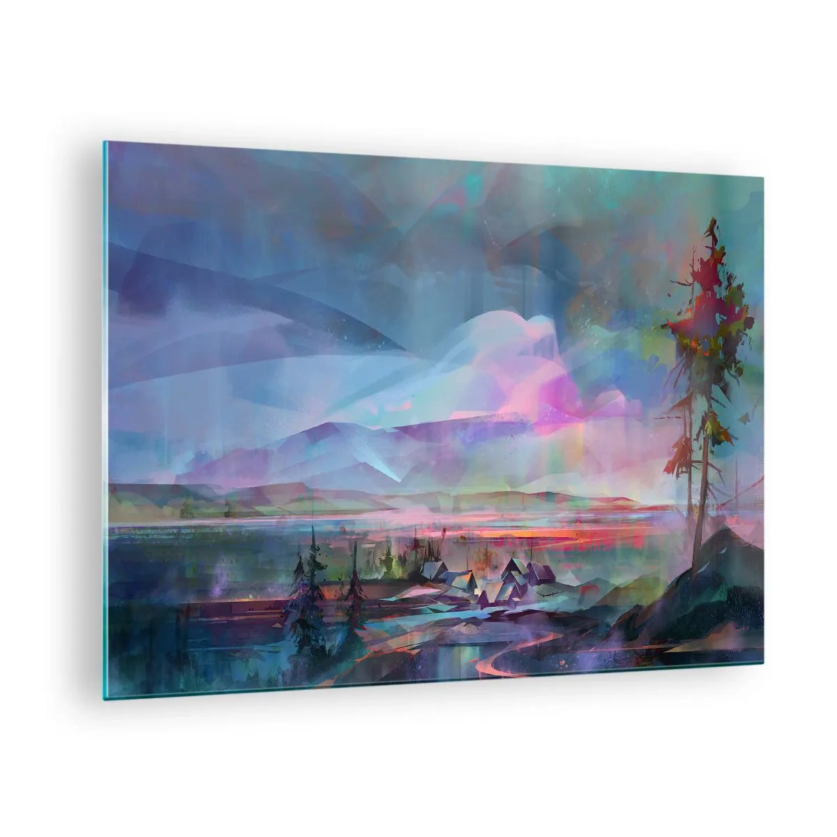 Üveg kép - Színes táj hegyekkel és szürreális stílusú házikókkal. - 70x50cm - Jóindulatú ég alatt - Modern fali dekoráció nappalihoz és hálószobához ARTTOR