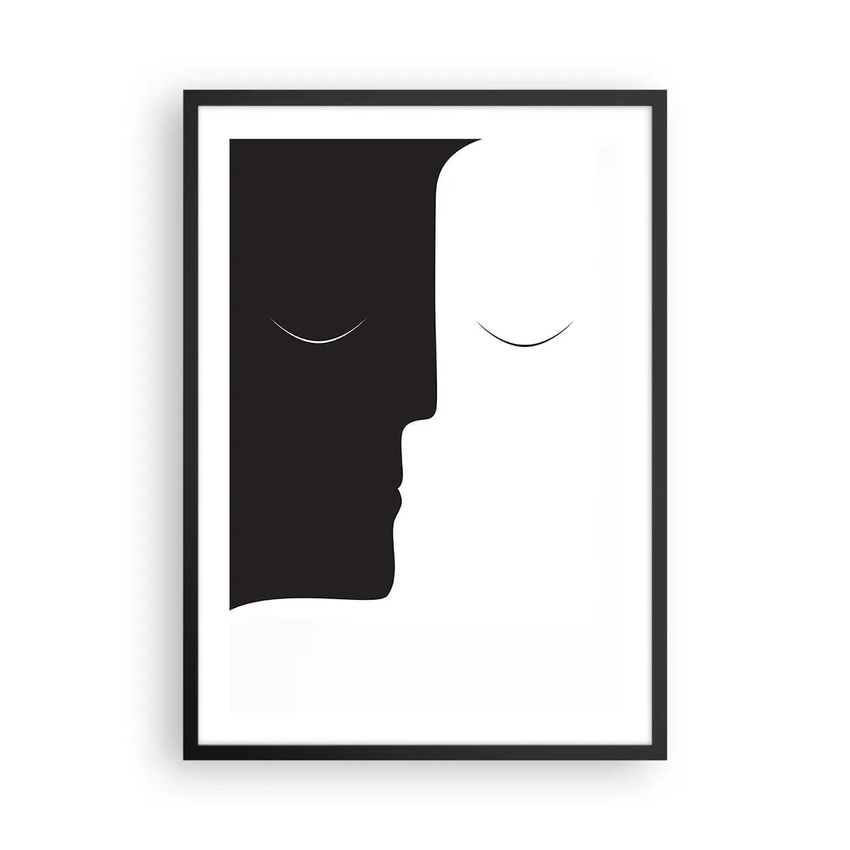 Poszter fehér keretben - Két arc minimalista grafikai eleme, melyek fekete-fehérben egységet alkotnak. - 50x70cm - Az ellentétek egysége - Modern fali dekoráció nappalihoz és hálószobához ARTTOR