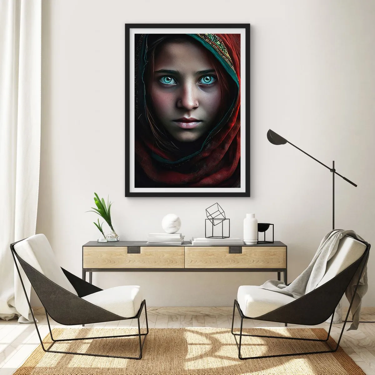 Poszter fehér keretben - Portré egy lányról piros kendőben, hipnotizáló szemekkel - 50x70cm - Keleti hercegnő - Modern fali dekoráció nappalihoz és hálószobához ARTTOR