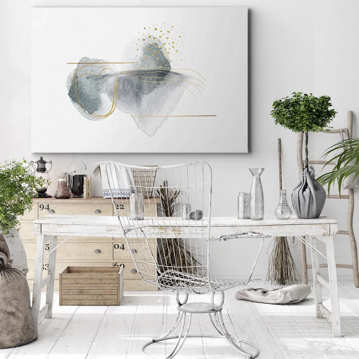 Vászonkép - Egy absztrakt kompozíció türkiz és arany árnyalatokban. - 70x50cm - A szürkeség és az arany kapcsolatáról - Modern fali dekoráció nappalihoz és hálószobához ARTTOR