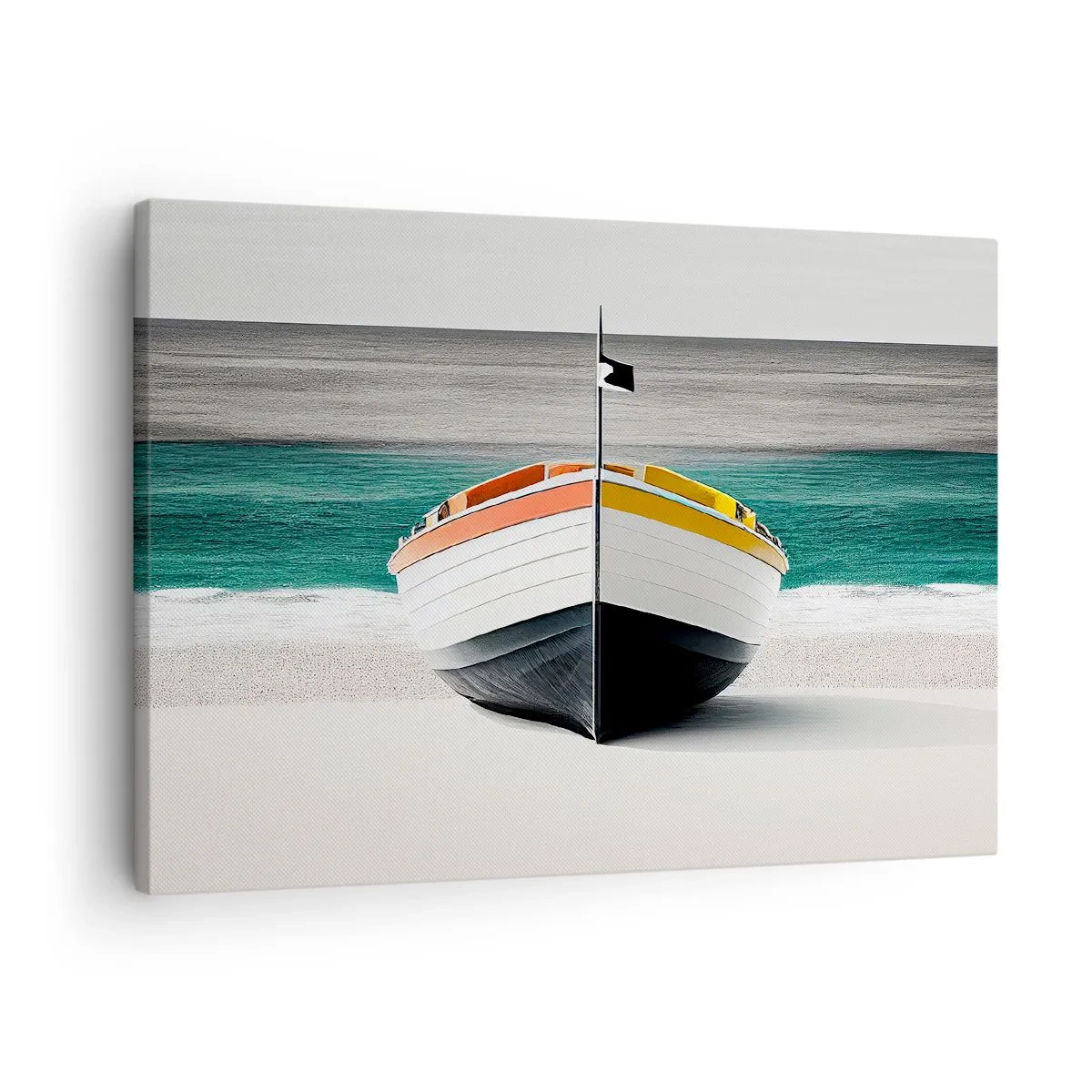 Vászonkép - Egy hajó a tengerparton, türkizkék tengerrel a háttérben - 70x50cm - A maga helyén - Modern fali dekoráció nappalihoz és hálószobához ARTTOR