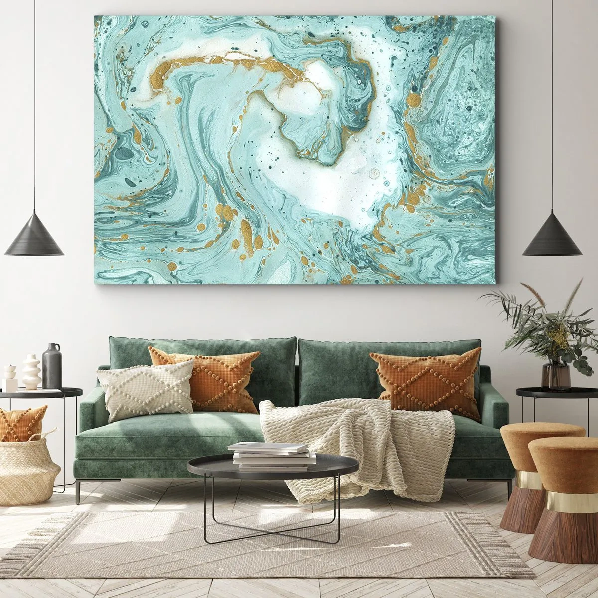 Vászonkép - Türkiz márvány arany díszítéssel absztrakt kompozícióban - 70x50cm - Az Edo-korszak nagy hulláma alatt - Modern fali dekoráció nappalihoz és hálószobához ARTTOR
