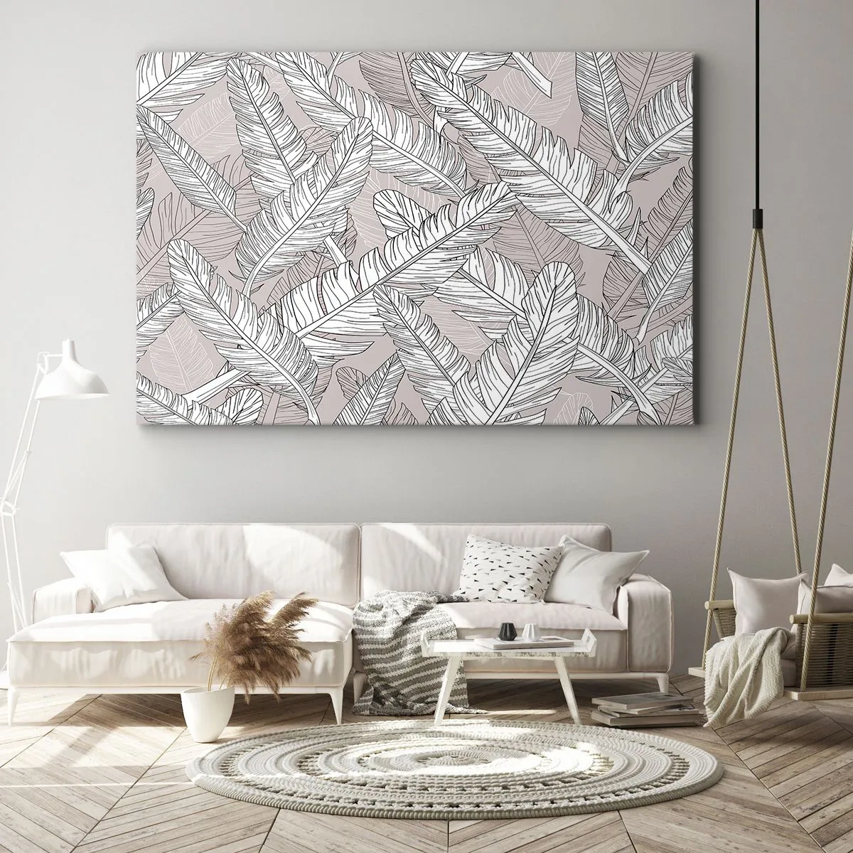 Vászonkép - Fekete-fehér minta banánlevelekkel világos háttéren - 70x50cm - Tollas kavarodás - Modern fali dekoráció nappalihoz és hálószobához ARTTOR