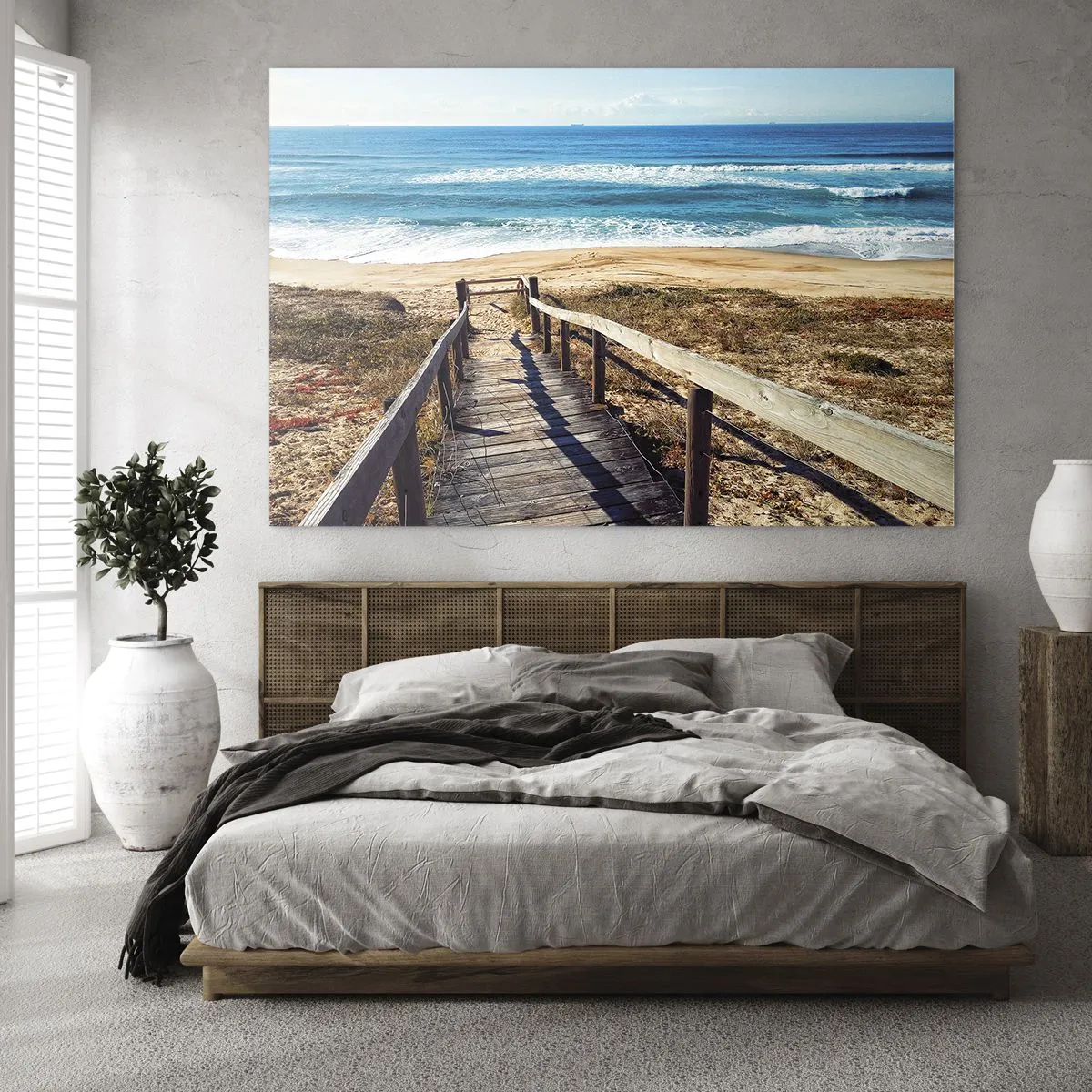 Üveg kép - Fa ösvény vezet az óceánra néző tengerpartra - 70x50cm - Fuss! - Modern fali dekoráció nappalihoz és hálószobához ARTTOR