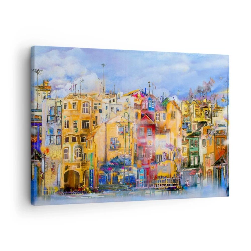 Vászonkép - Színes városi épületek művészi stílusban - 70x50cm - Együtt vagyunk - Modern fali dekoráció nappalihoz és hálószobához ARTTOR
