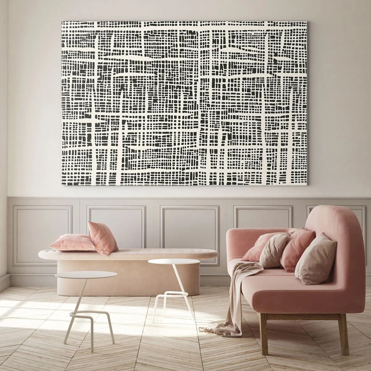 Üveg kép - Egy fekete-fehér absztrakció, amely egy pontokból álló rácsra hasonlít. - 70x50cm - Szőtt kompozíció - Modern fali dekoráció nappalihoz és hálószobához ARTTOR