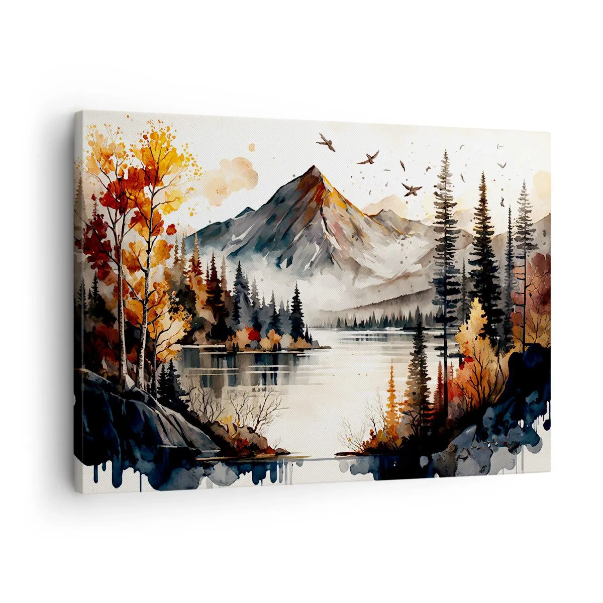 Vászonkép - Őszi hegyi táj tóval és fákkal akvarellben - 70x50cm - Aranyszínű ősz a hegyekben - Modern fali dekoráció nappalihoz és hálószobához ARTTOR