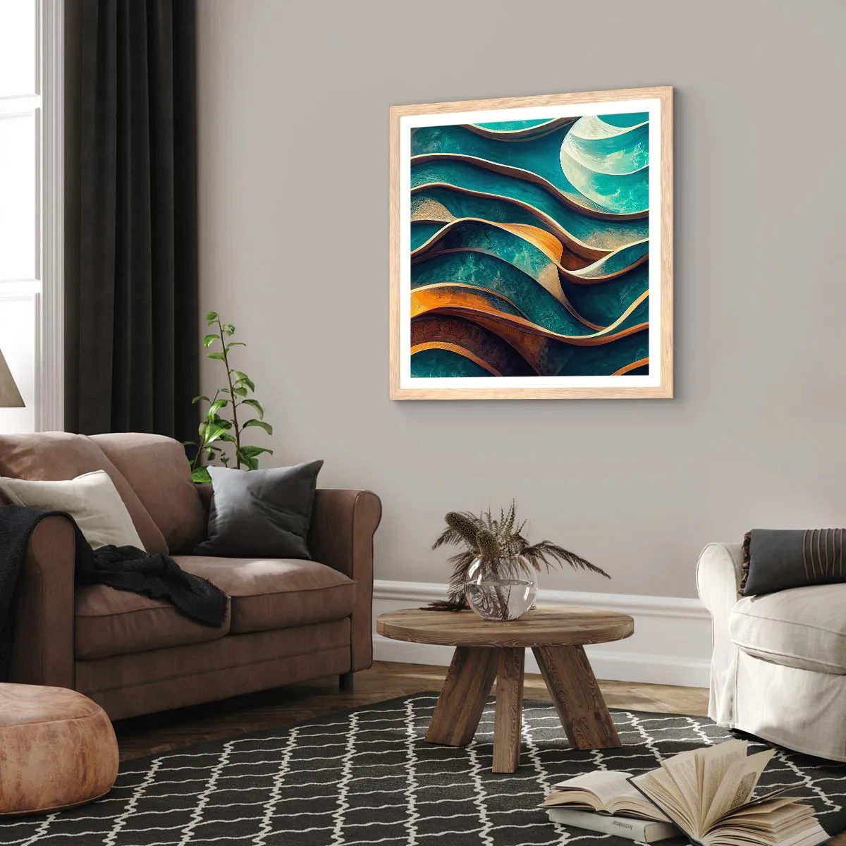 Poszter világos tölgy keretben - Kék kanyarulatok - 50x50 cm