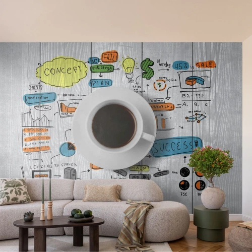 Fotótapéta Standard Eco - Egy csésze kávé, üzleti vázlatokkal a fán a háttérben - 100x70cm - Ideje szünetet tartani - Modern fali dekoráció nappalihoz és hálószobához ARTTOR