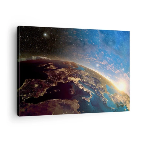Vászonkép - Föld látképe az űrből napfelkeltekor - 70x50cm - Tekintsünk magunkra távolról - Modern fali dekoráció nappalihoz és hálószobához ARTTOR