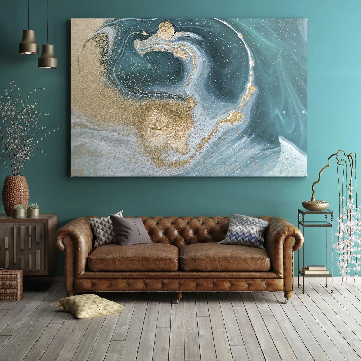 Vászonkép - Absztrakt örvény türkiz és arany árnyalatokban - 70x50cm - Arany és türkiz örvénye - Modern fali dekoráció nappalihoz és hálószobához ARTTOR