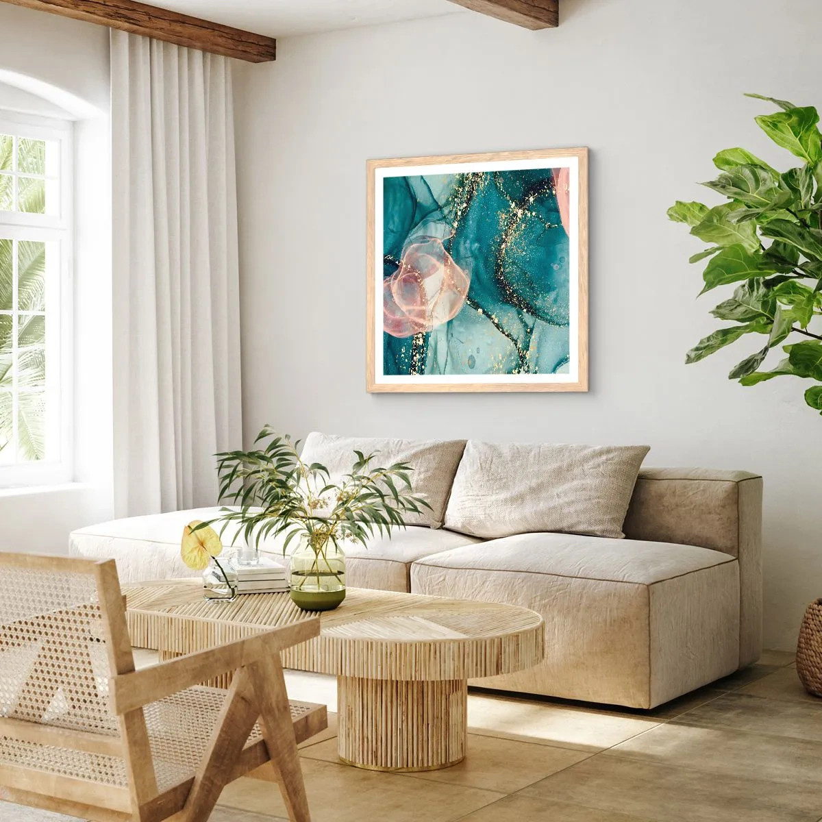 Poszter világos tölgy keretben - Selyemkék, tüll rózsaszín - 40x40 cm