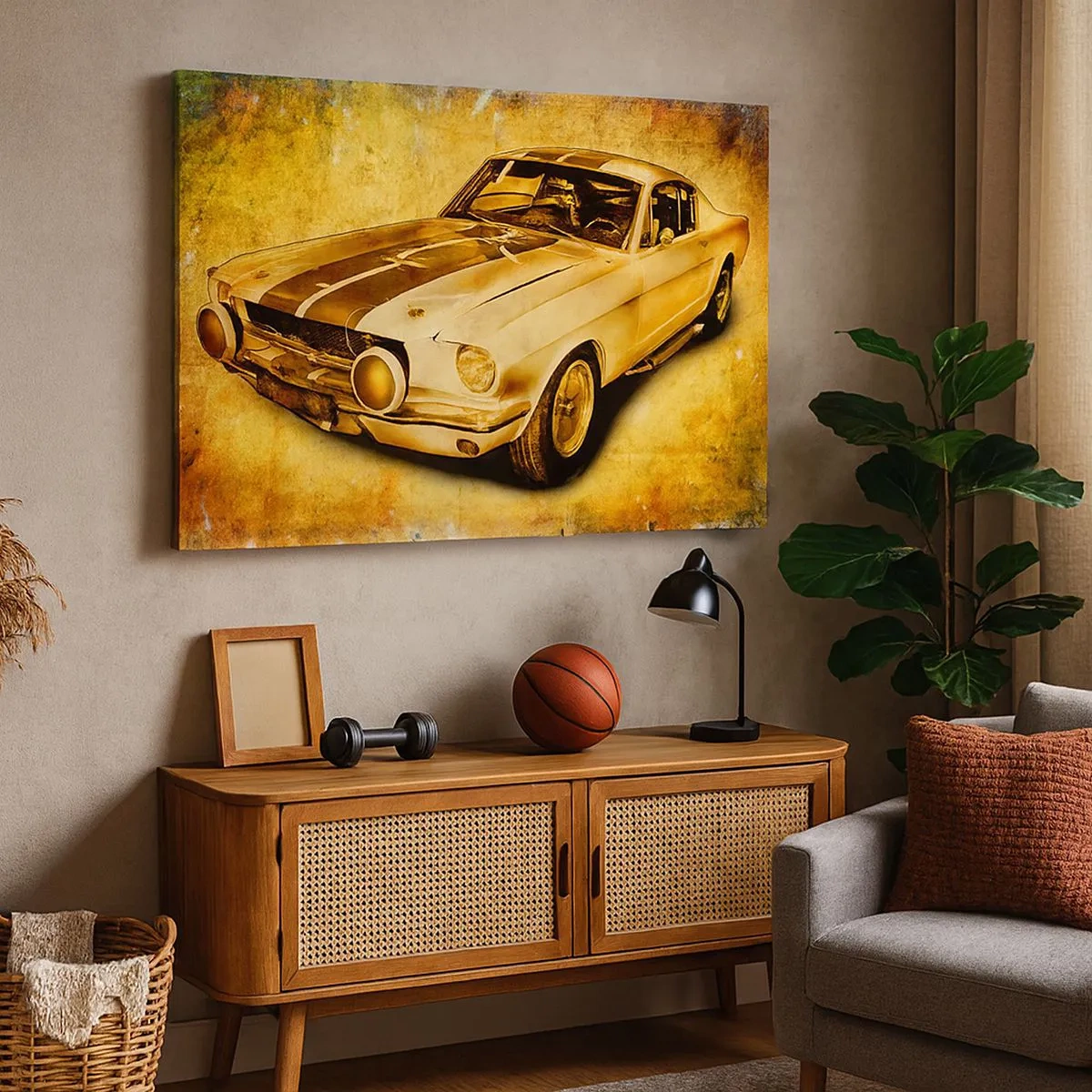 Vászonkép - Klasszikus retro sportautó egy vintage háttérrel, arany árnyalatokban - 70x50cm - Őrült 70-es évek - Modern fali dekoráció nappalihoz és hálószobához ARTTOR