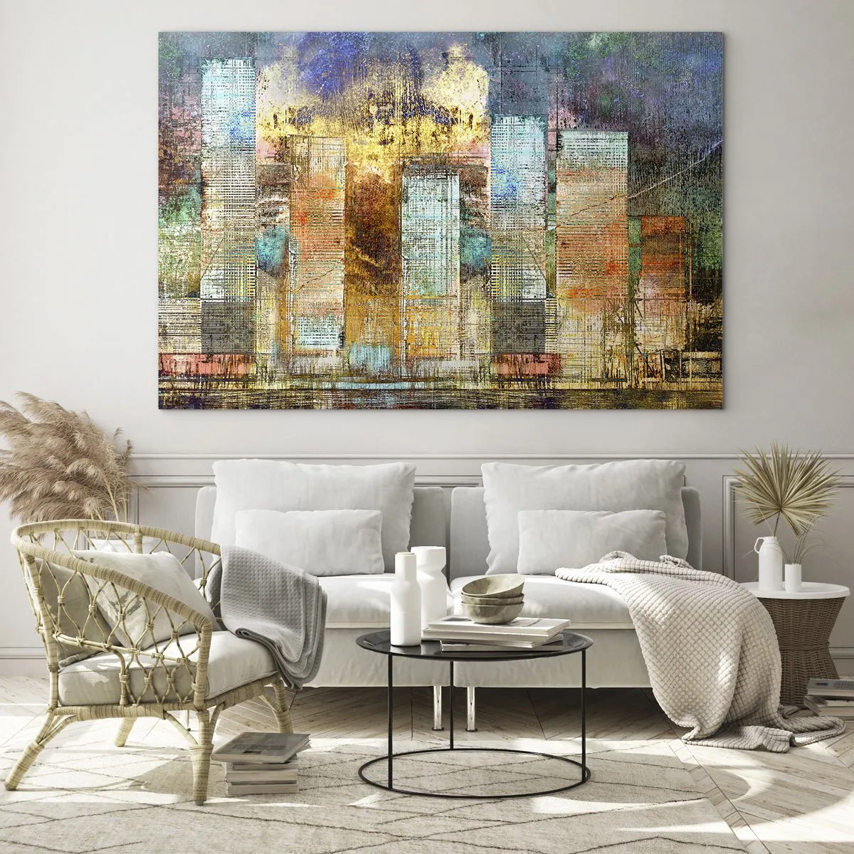 Üveg kép - Színes absztrakt panoráma a városi felhőkarcolókról művészi stílusban - 70x50cm - Napfényes metropolisz - Modern fali dekoráció nappalihoz és hálószobához ARTTOR