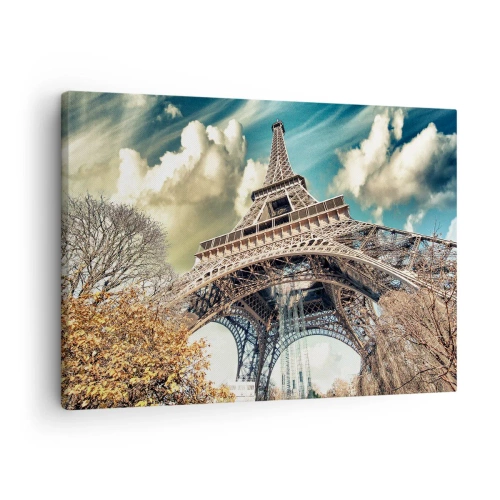 Vászonkép - Az Eiffel-torony alulról, őszi környezetben - 70x50cm - Ősszel pedig Párizsban... - Modern fali dekoráció nappalihoz és hálószobához ARTTOR